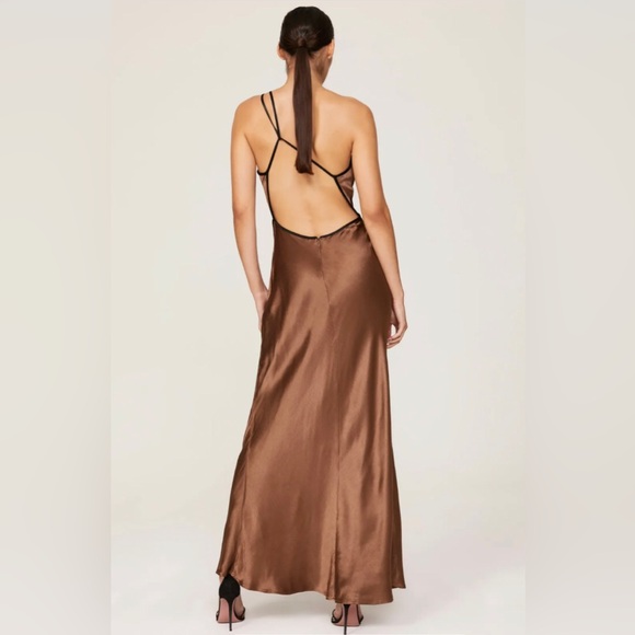 Bec & Bridge Kehlani Satin Maxi Dress High Side Slit Cut Outs in Chocolate sz 10 - Picture 3 of 8